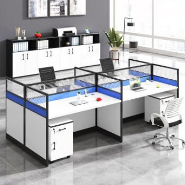 简约办公家具员工电脑桌办公桌组合屏风职员办公桌工作位 卡位卡座 蓝白（1.4*0.6米） 四人位（含小柜）